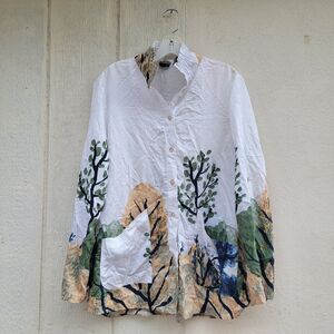 Shana Button Front Tunic Top Size Large Womens Abstract Art To Wear Boho